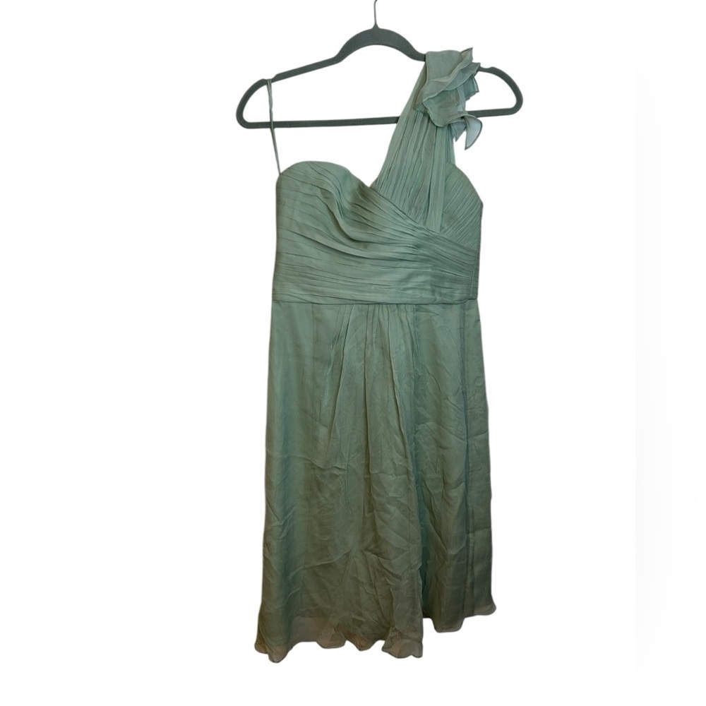 Amsale Sage Green Elegant One-Shoulder Formal Silk Dress